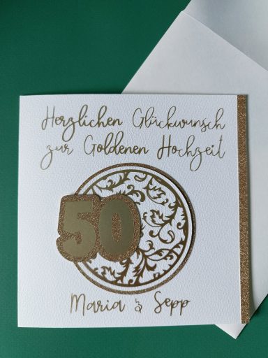 Karte Goldene Hochzeit, nach Kundenwunsch, individuell Golden Hochzeitskarte mit goldenen Elementen, Glückwunschtext und einer goldenen großen 50.