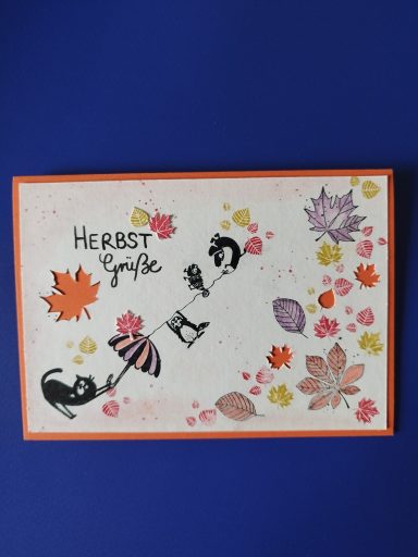 Karte Herbst Grüße Karte gestempelten Tieren, Katze hält Schirm an dem Biber, Chamäleon und Dackel fliegen, und viele bunten Blätter
